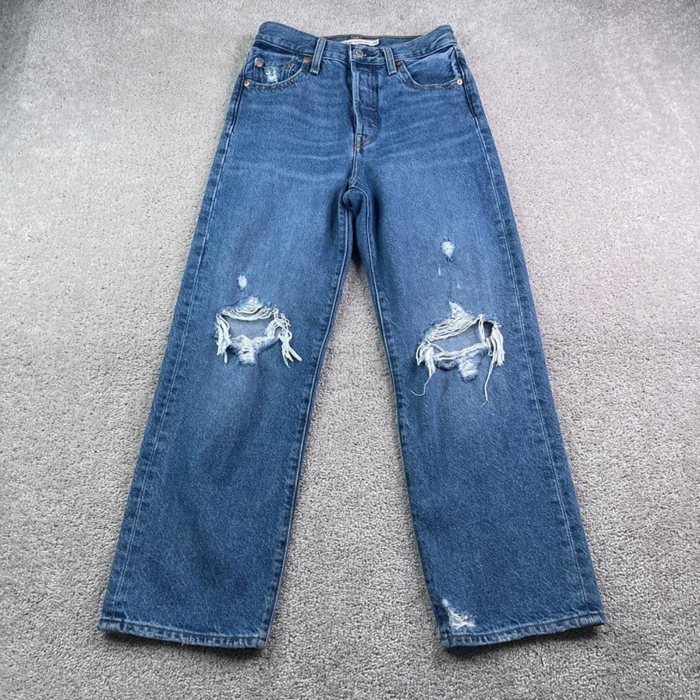 Levi's Ribcage Straight Ankle Jeans Women 26 Blue Distressed Denim High Rise 90s